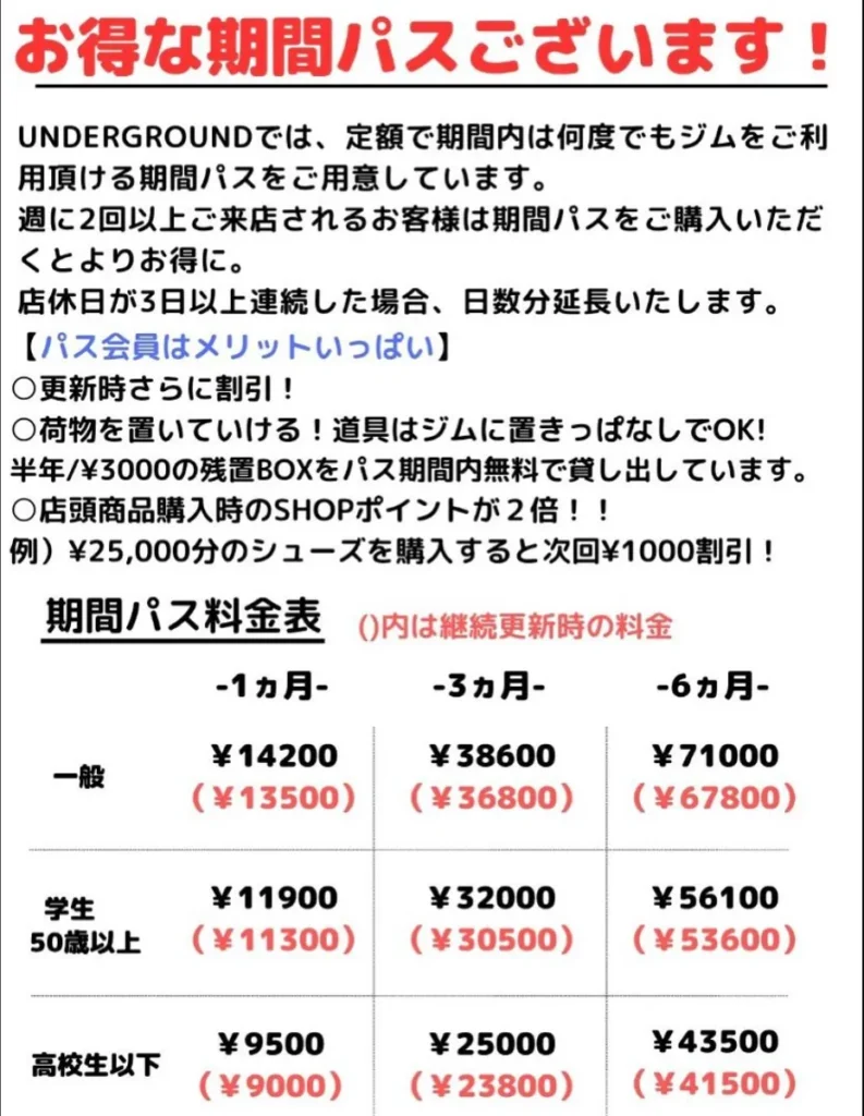 Undergroundの料金表